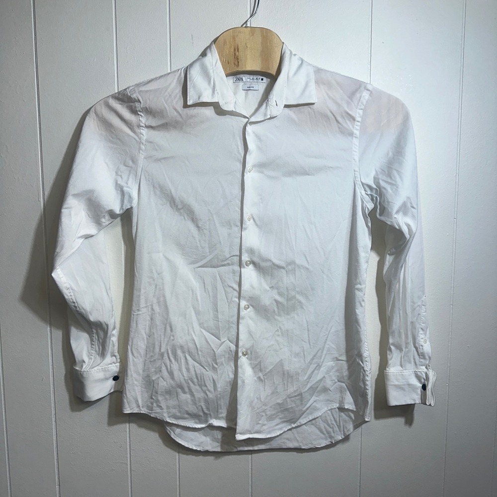 Zara Man Slim Fit White Button Down Shirt Long Sleeve Lion Crest Buttons Size L